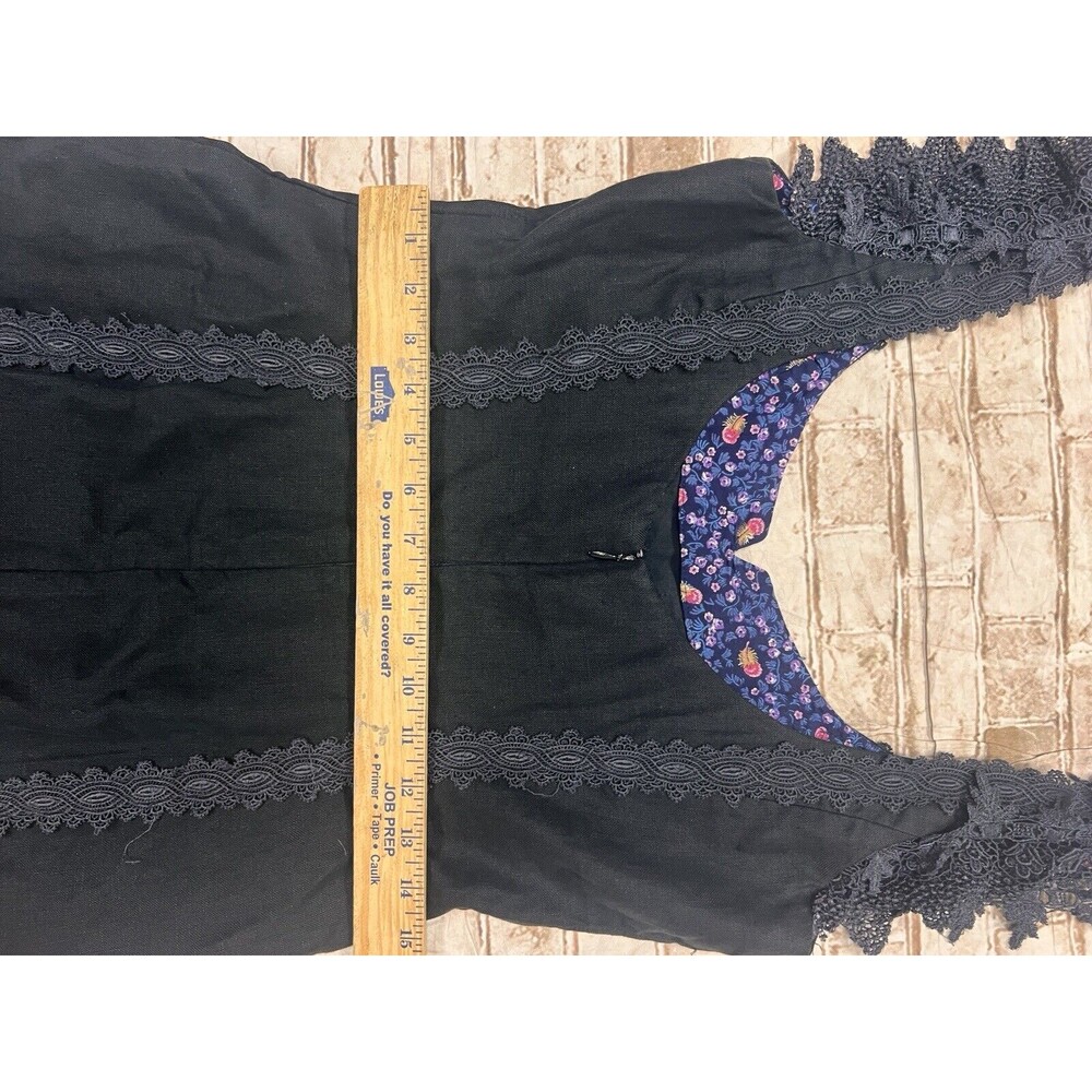 TRACEY FEITH Dress L black Cap Sleeve Lace Goth Witchy Linen Raw‎ Hem - Picture 6 of 8